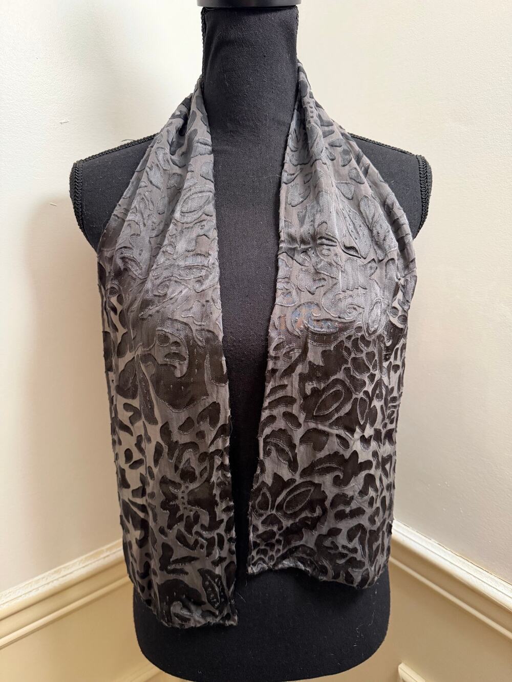 Vintage Scarf Silk Rayon Cut Out Piece Blend Devoré Black Gray Floral Pattern